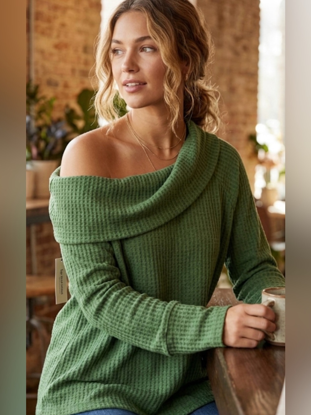 bp Green Waffle-Knit Cowl Neck Sweater